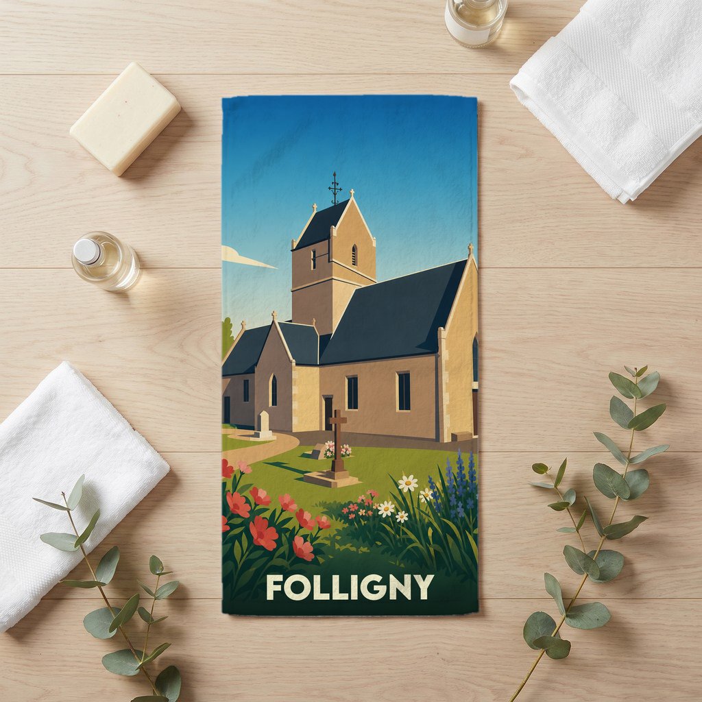 Serviette de bain souvenir de la ville de Folligny avec une illustration stylisée de son église.