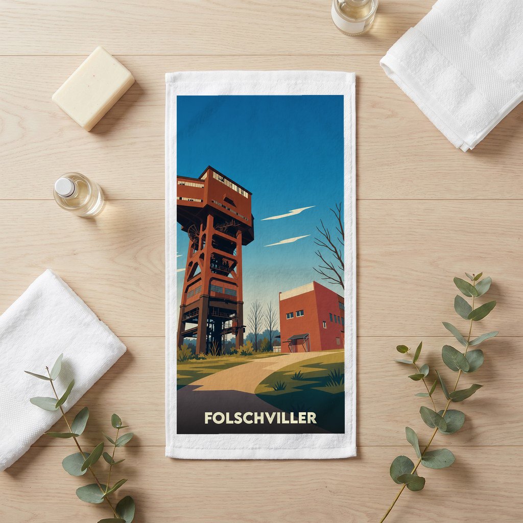 Serviette de bain souvenir de la ville de Folschviller avec une illustration stylisée d'un puits de mine.