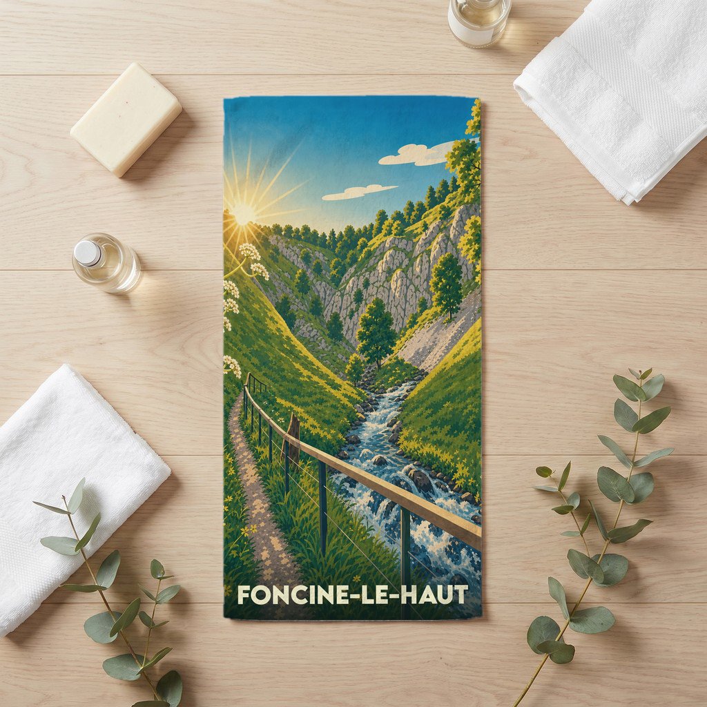 Serviette de bain souvenir de la ville de Foncine-le-Haut avec une illustration stylisée de paysage montagneux.