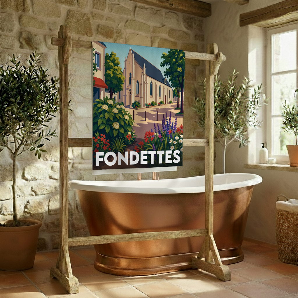 Serviette de bain souvenir de la ville de Fondettes avec une illustration stylisée.