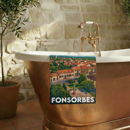 Serviette de bain souvenir de la ville de Fonsorbes avec une illustration stylisée.