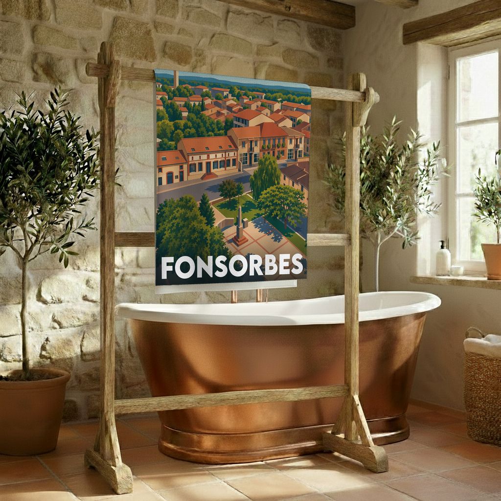 Serviette de bain souvenir de la ville de Fonsorbes avec une illustration stylisée.