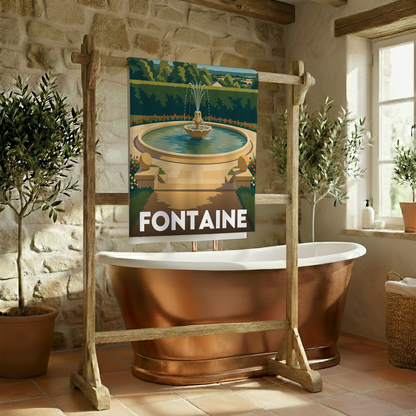 Serviette de bain souvenir de la ville de Fontaine avec une illustration stylisée.