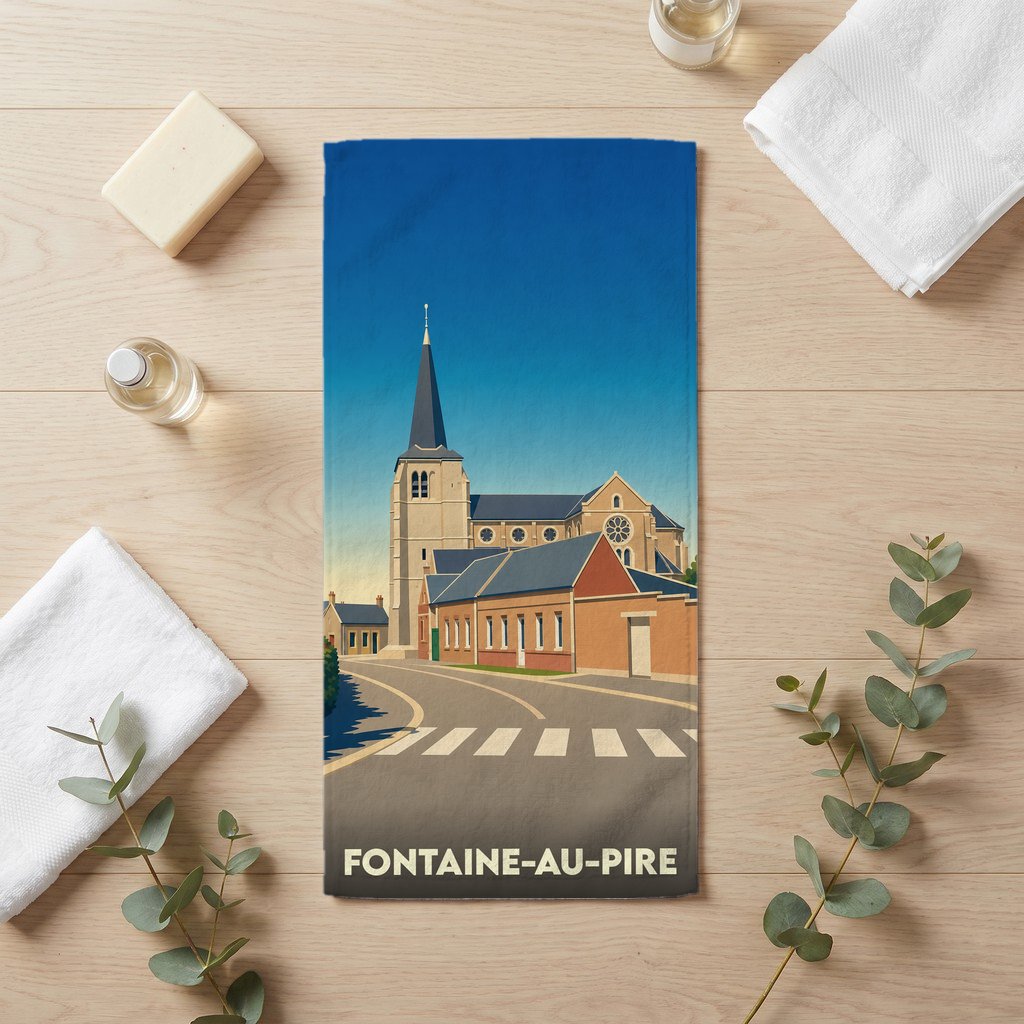 Serviette de bain souvenir de la ville de Fontaine-au-Pire avec une illustration stylisée de son église.