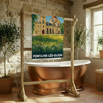 Serviette de bain souvenir de Fontaine-lès-Dijon avec une illustration stylisée de son patrimoine architectural.