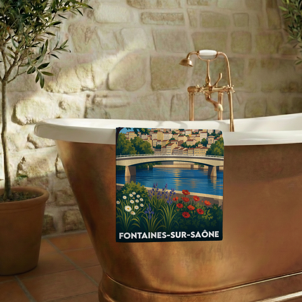 Serviette de bain souvenir de la ville de Fontaines-sur-Saône avec une illustration stylisée.