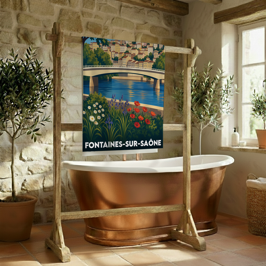 Serviette de bain souvenir de la ville de Fontaines-sur-Saône avec une illustration stylisée.