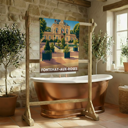 Serviette de bain souvenir de la ville de Fontenay-aux-Roses avec une illustration stylisée de l'hôtel de ville.
