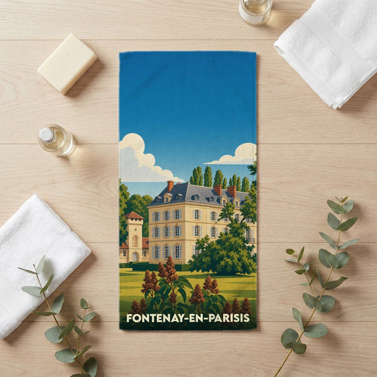 Serviette de bain souvenir de la ville de Fontenay-en-Parisis avec une illustration stylisée.