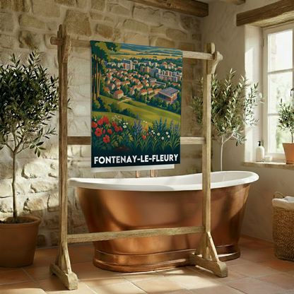 Serviette de bain souvenir de la ville de Fontenay-le-Fleury avec une illustration de paysage colorée.