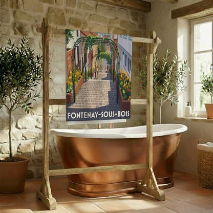 Serviette de bain souvenir de la ville de Fontenay-sous-Bois avec une illustration stylisée.