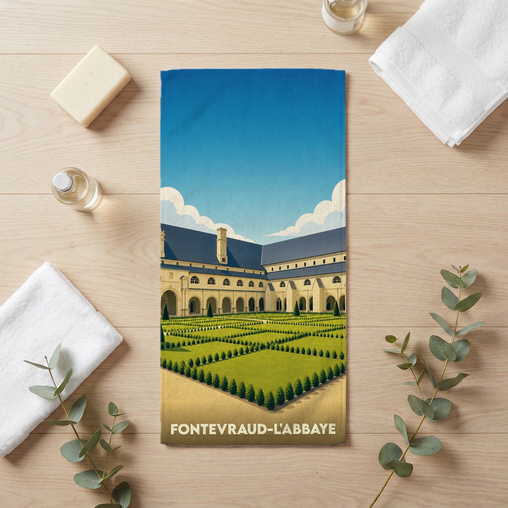 Serviette de bain souvenir de Fontevraud-l'Abbaye avec une illustration stylisée de son abbaye et de ses jardins.