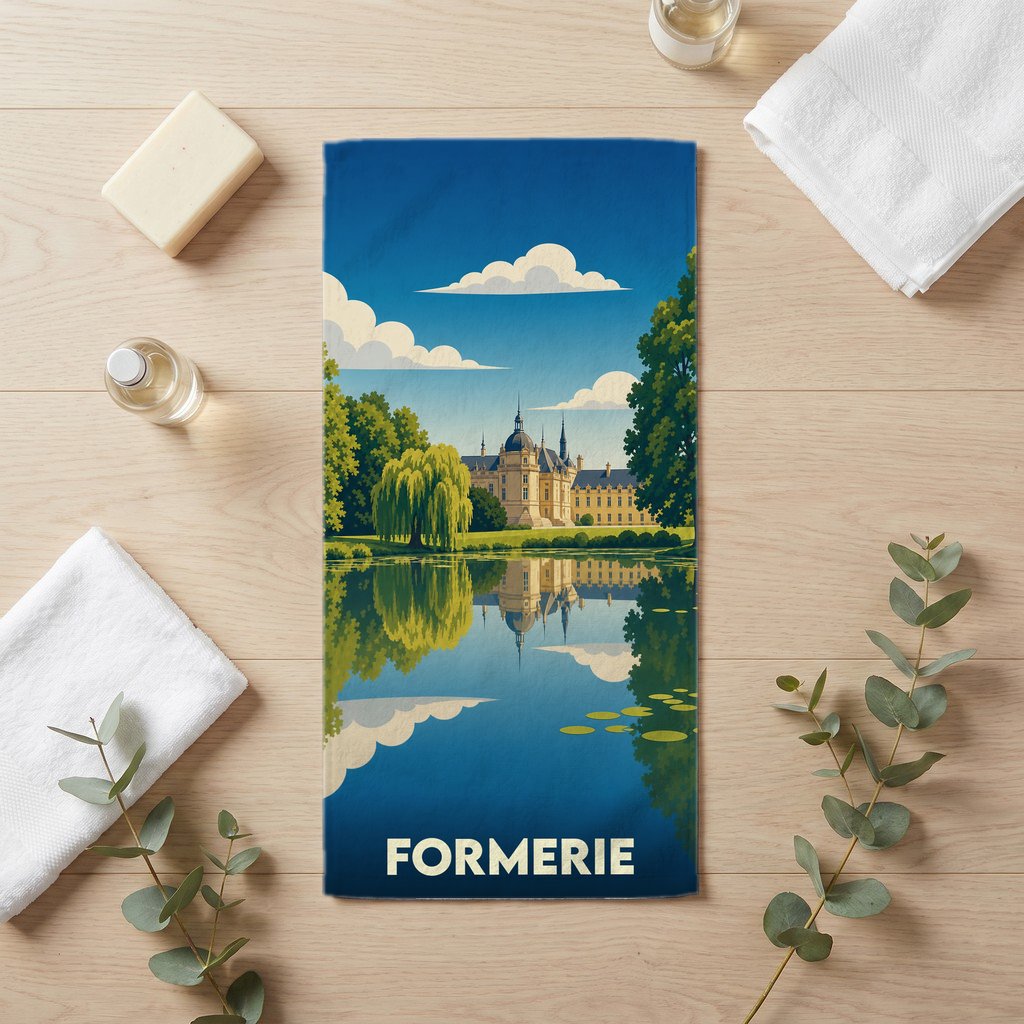 Serviette de bain souvenir de la ville de Formerie ornée d'une illustration stylisée de son château se reflétant dans l'eau.