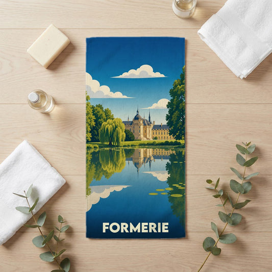 Serviette de bain souvenir de la ville de Formerie ornée d'une illustration stylisée de son château se reflétant dans l'eau.