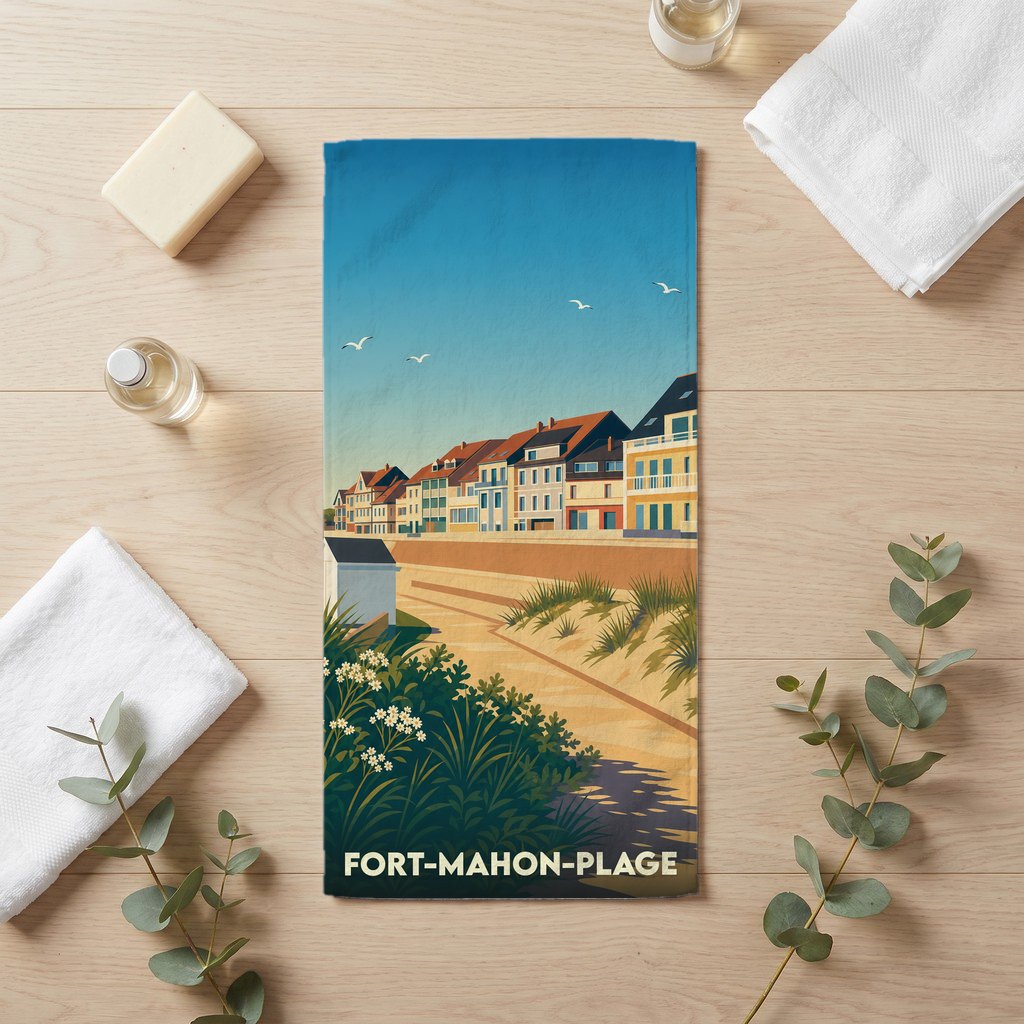 Serviette de bain souvenir de la ville de Fort-Mahon-Plage avec une illustration stylisée du bord de mer.