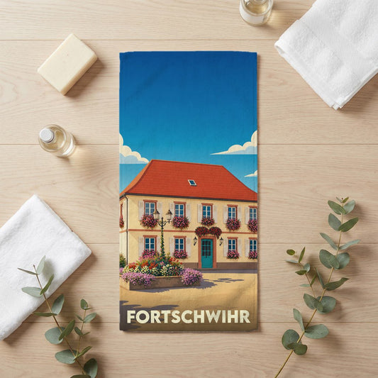 Serviette de bain souvenir de la ville de Fortschwihr illustrée d'une maison alsacienne fleurie.