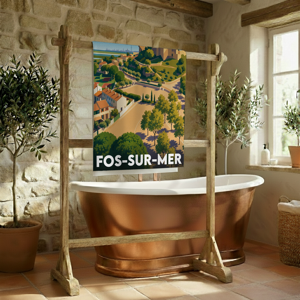 Serviette de bain souvenir de la ville de Fos-sur-Mer avec une illustration stylisée.