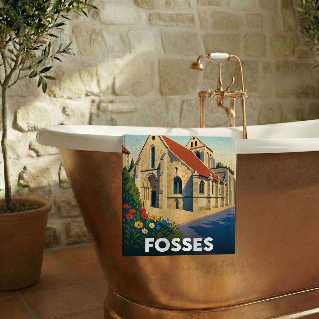 Serviette de bain souvenir de la ville de Fosses avec une illustration stylisée de son église.