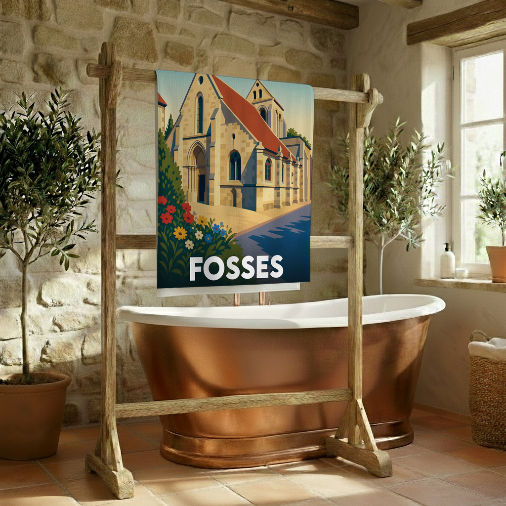 Serviette de bain souvenir de la ville de Fosses avec une illustration stylisée de son église.