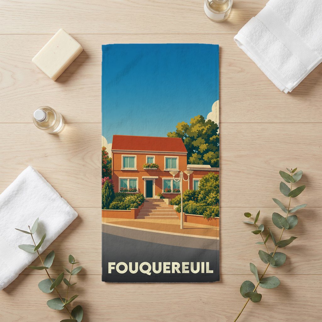 Serviette de bain souvenir de la ville de Fouquereuil avec une illustration stylisée d'une maison.
