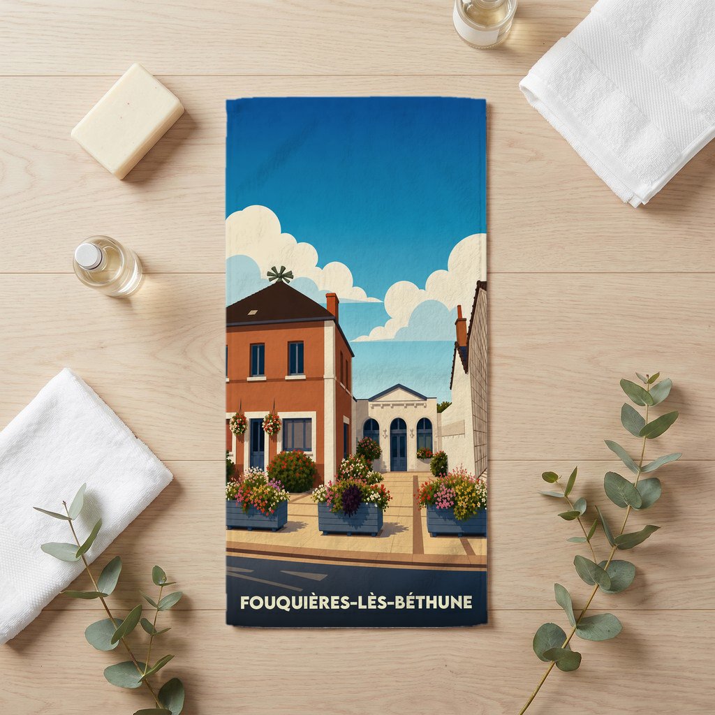 Serviette de bain souvenir de la ville de Fouquières-lès-Béthune avec une illustration stylisée.