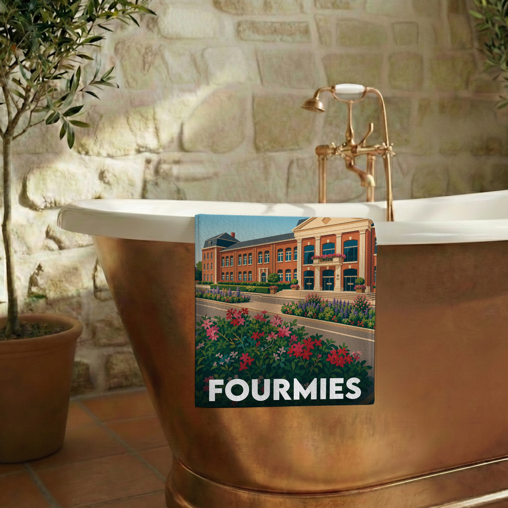 Serviette de bain souvenir de la ville de Fourmies avec une illustration stylisée.