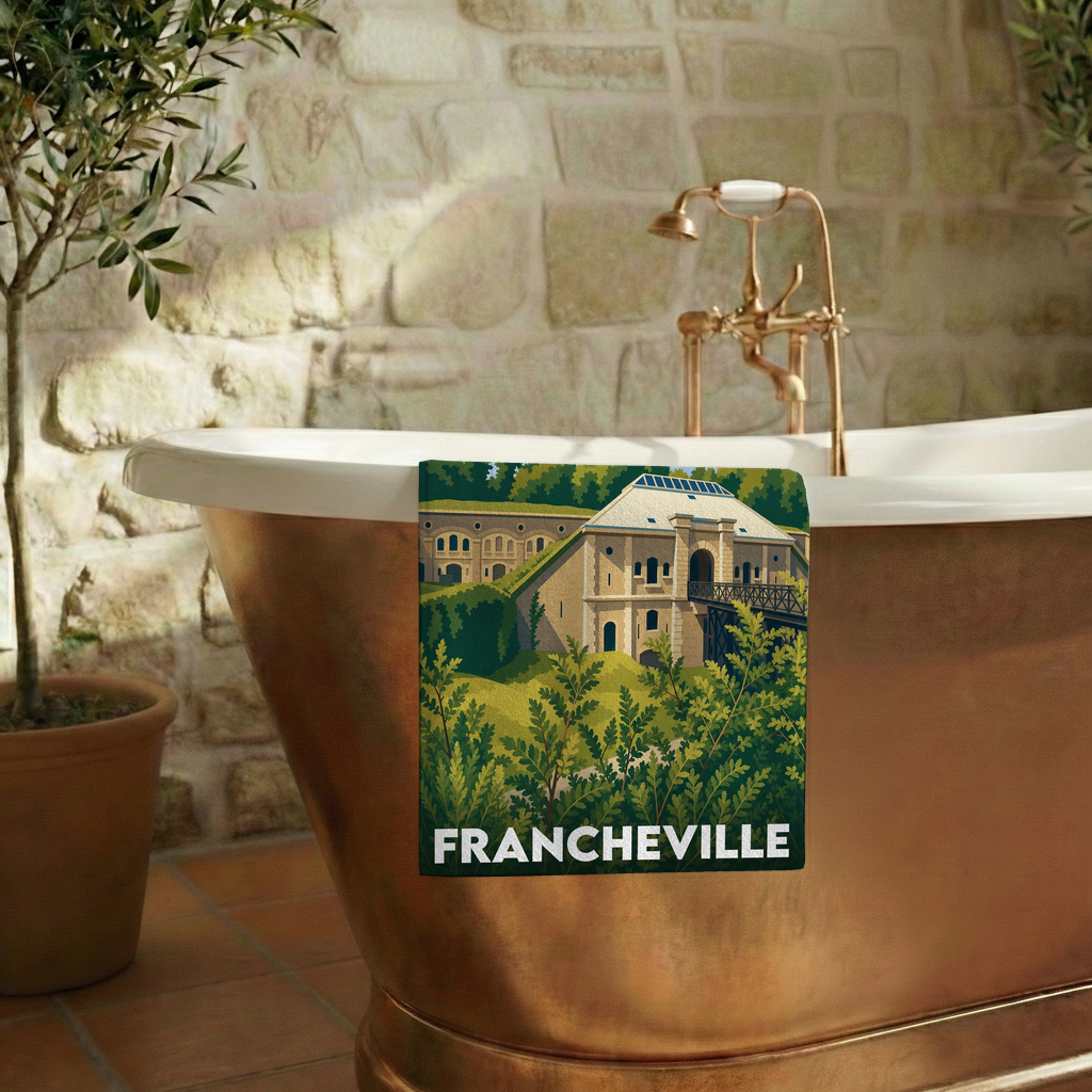 Serviette de bain souvenir de la ville de Francheville avec une illustration stylisée.