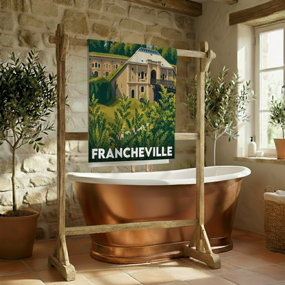 Serviette de bain souvenir de la ville de Francheville avec une illustration stylisée.