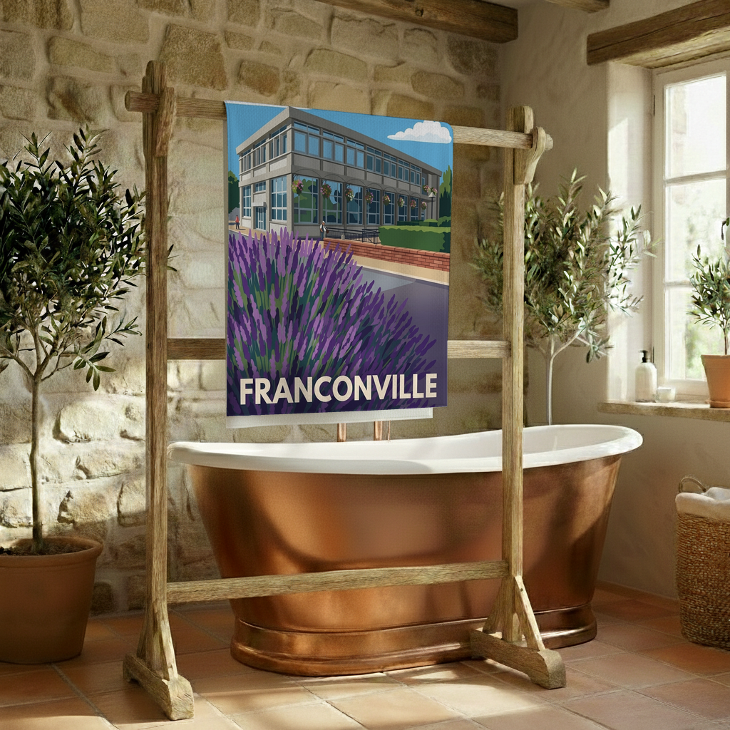 Serviette de bain souvenir de la ville de Franconville avec une illustration stylisée.