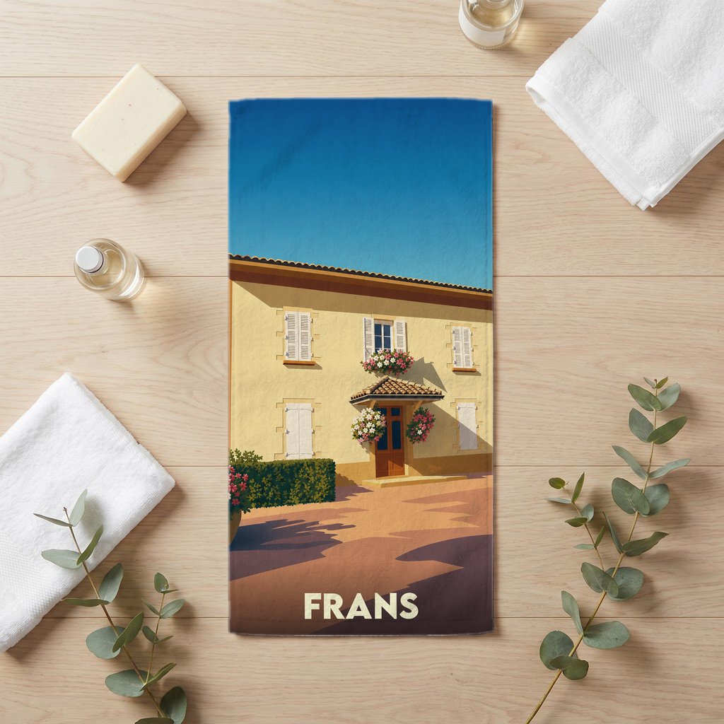 Serviette de bain souvenir de la ville de Frans avec une illustration stylisée.