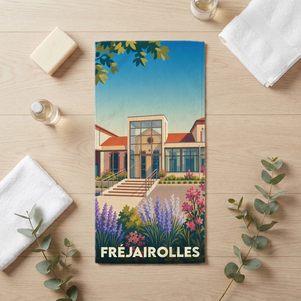 Serviette de bain souvenir de la ville de Fréjairolles avec une illustration stylisée d'un bâtiment et de fleurs.