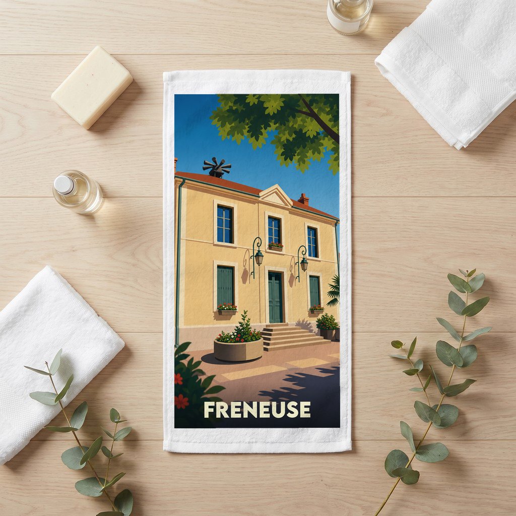 Serviette de bain souvenir de la ville de Freneuse avec une illustration stylisée.