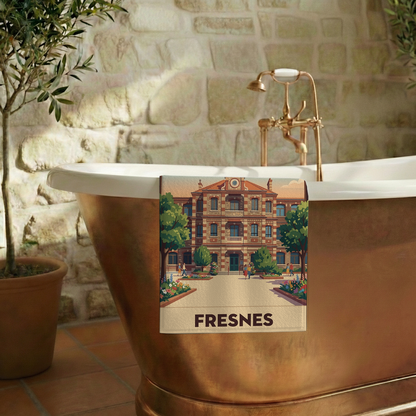 Serviette de bain souvenir de la ville de Fresnes avec une illustration stylisée.