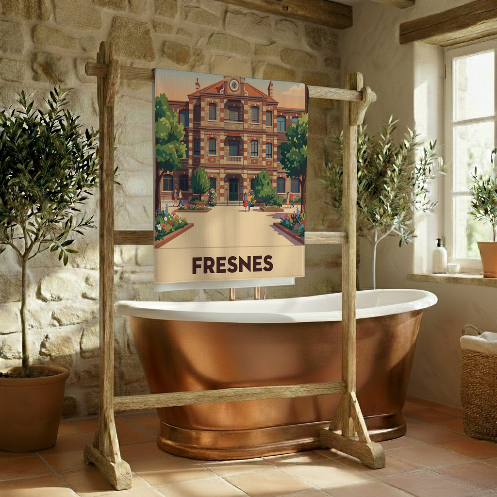 Serviette de bain souvenir de la ville de Fresnes avec une illustration colorée et stylisée.