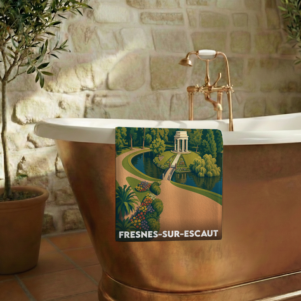 Serviette de bain souvenir de la ville de Fresnes-sur-Escaut avec une illustration de parc stylisée.