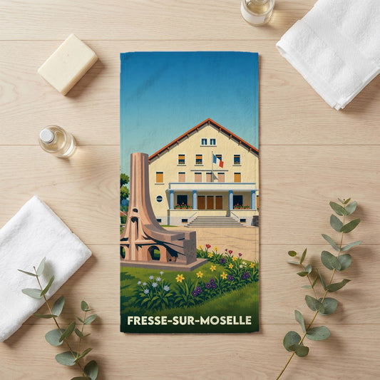 Serviette de bain souvenir de la ville de Fresse-sur-Moselle avec une illustration stylisée de sa mairie et d'un monument.