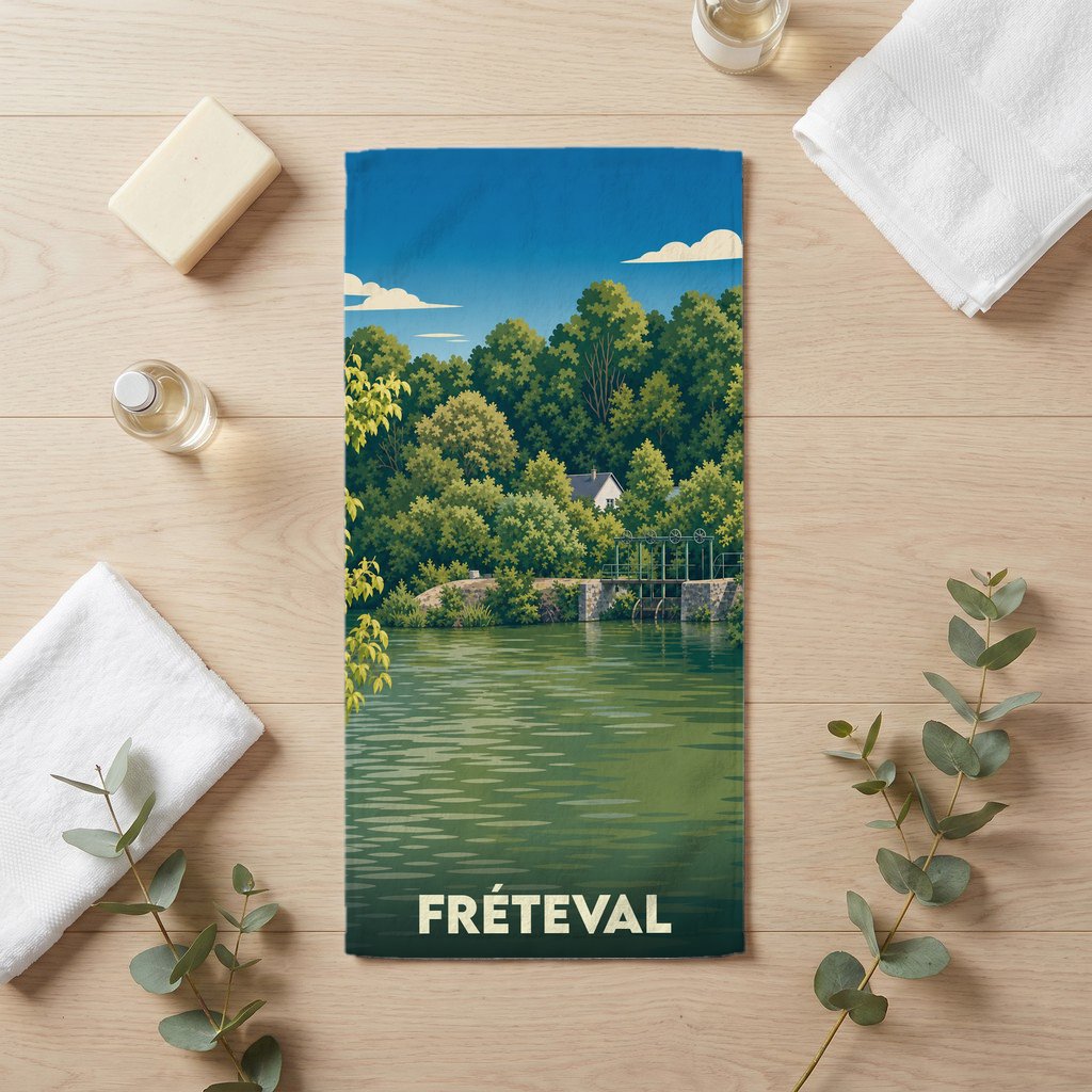Serviette de bain souvenir de la ville de Fréteval avec une illustration stylisée d'un paysage de bord de rivière.
