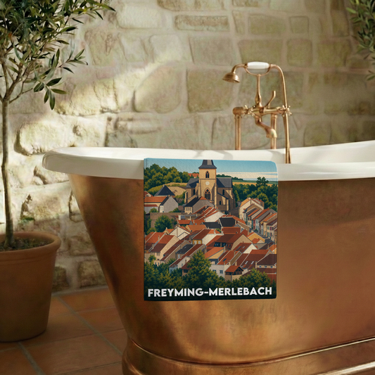 Serviette de bain souvenir de la ville de Freyming-Merlebach avec une illustration stylisée d'un paysage urbain.