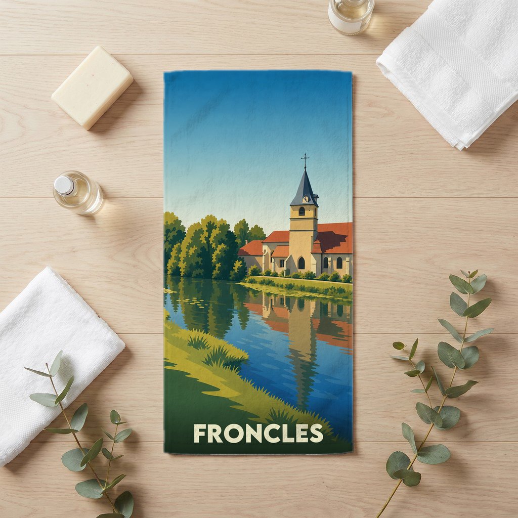 Serviette de bain souvenir de la ville de Froncles avec une illustration stylisée d'un paysage fluvial.