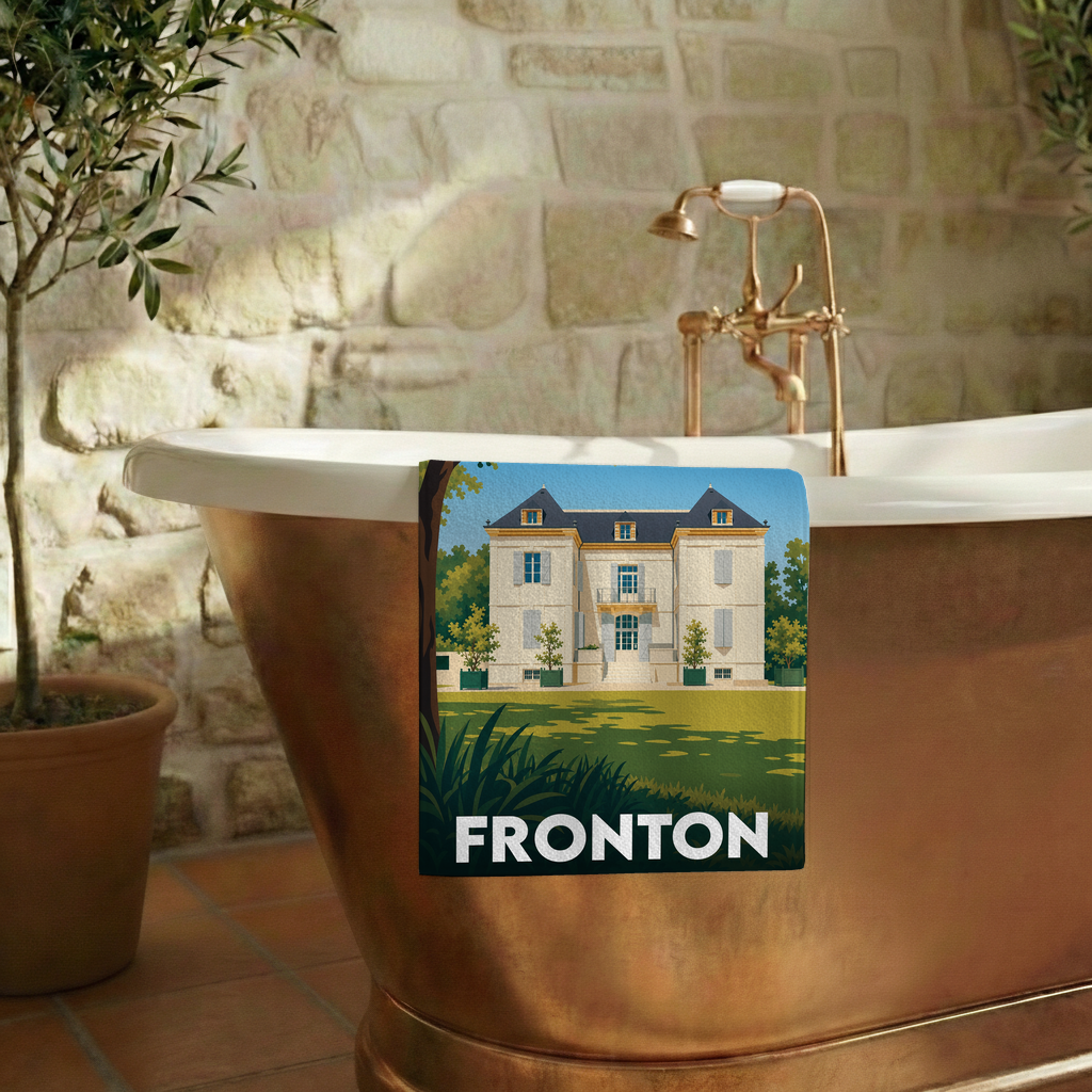 Serviette de bain souvenir de la ville de Fronton avec une illustration stylisée.
