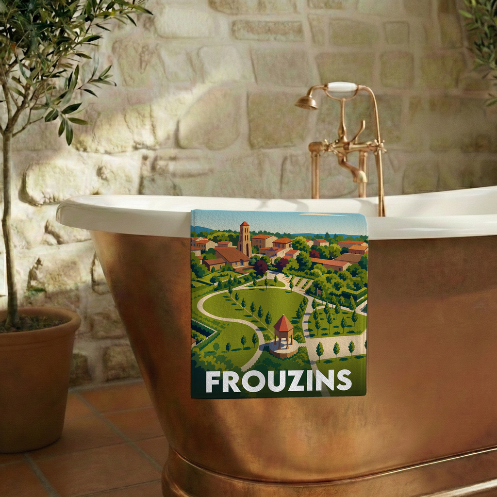 Serviette de bain souvenir de la ville de Frouzins avec une illustration stylisée d'un parc et du clocher.