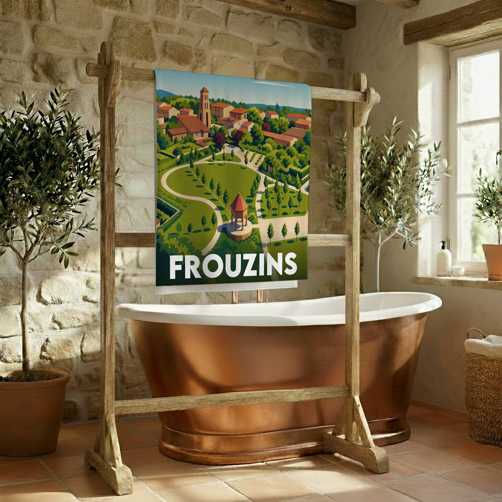 Serviette de bain souvenir de la ville de Frouzins avec une illustration stylisée.