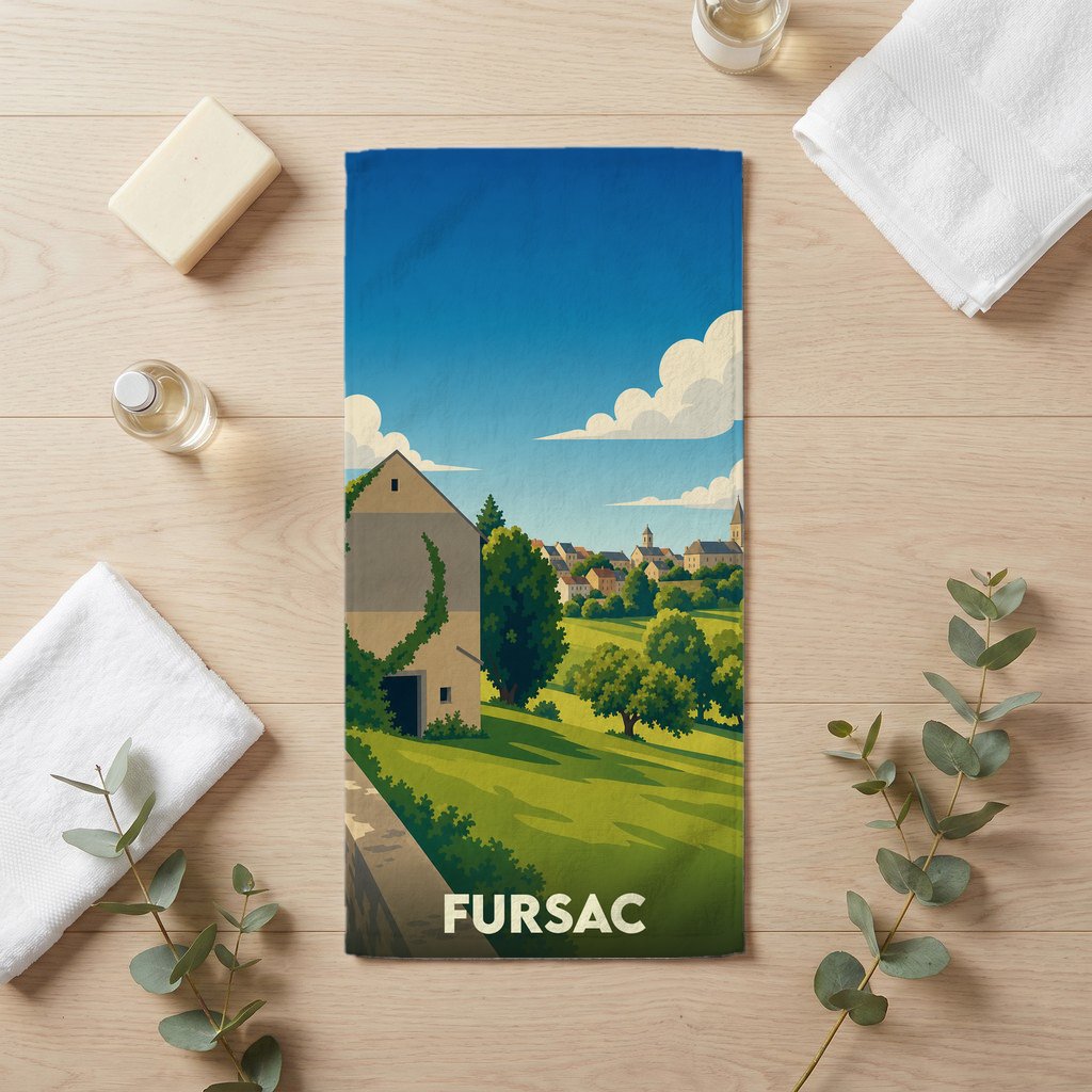 Serviette de bain souvenir de la ville de Fursac avec une illustration de paysage champêtre stylisé.