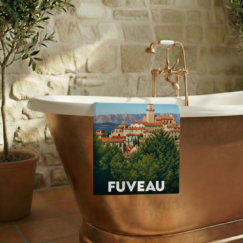 Serviette de bain souvenir de la ville de Fuveau avec une illustration stylisée.