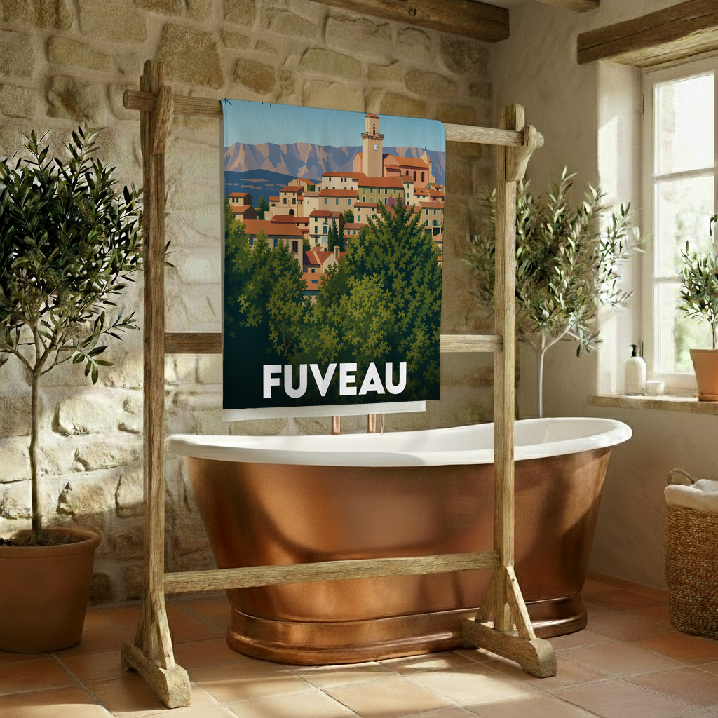 Serviette de bain souvenir de la ville de Fuveau avec une illustration stylisée.