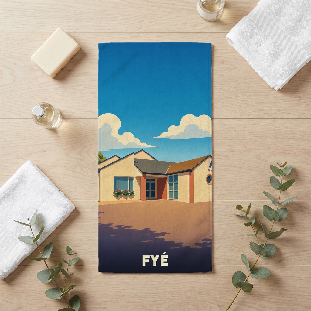 Serviette de bain souvenir de la ville de Fyé avec une illustration stylisée d'une maison sous un ciel bleu.