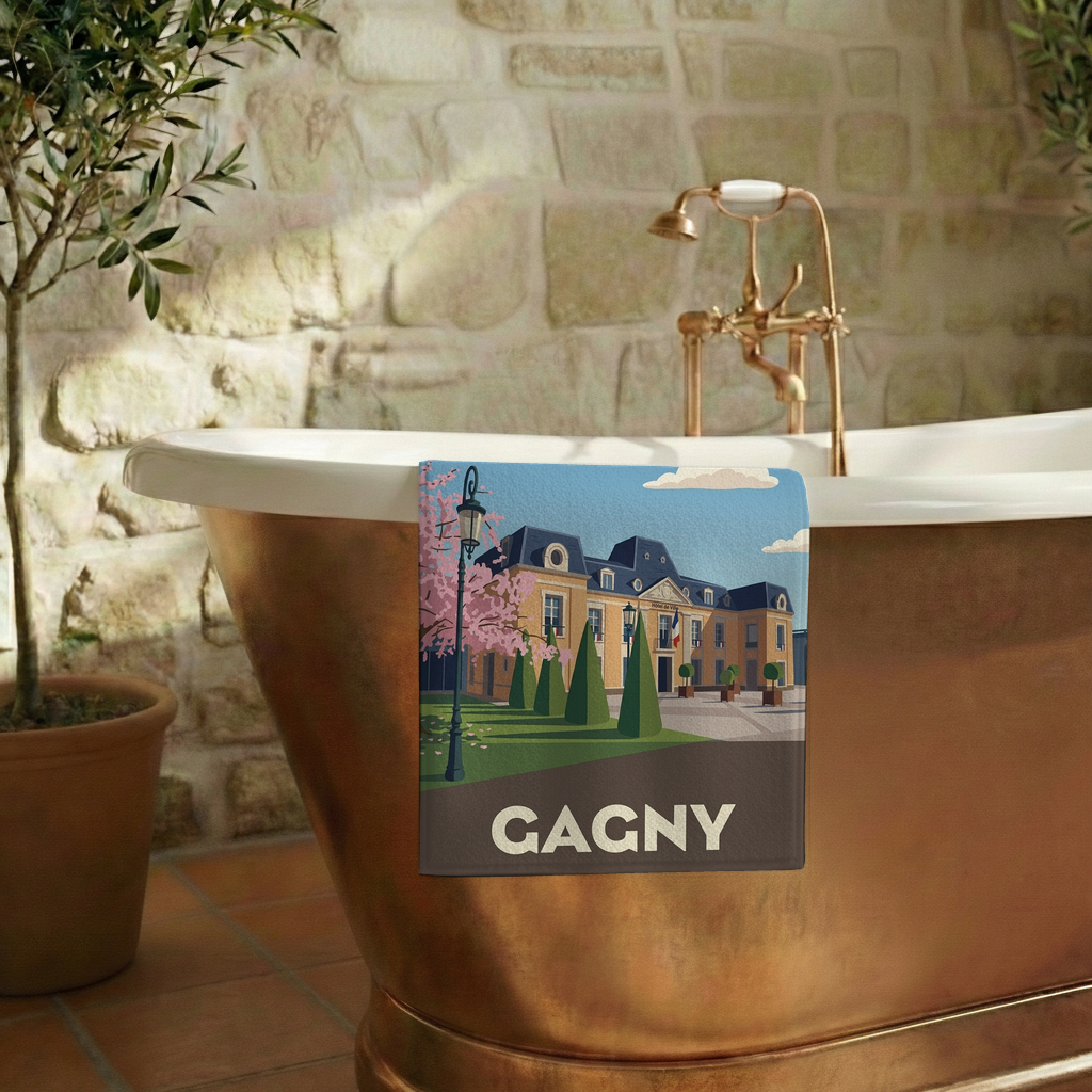 Serviette de bain souvenir de la ville de Gagny avec une illustration stylisée de l'hôtel de ville.