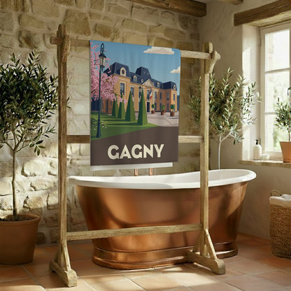 Serviette de bain souvenir de la ville de Gagny avec une illustration stylisée.