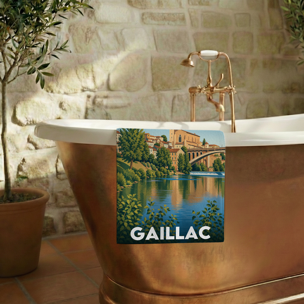 Serviette de bain souvenir de la ville de Gaillac avec une illustration stylisée.