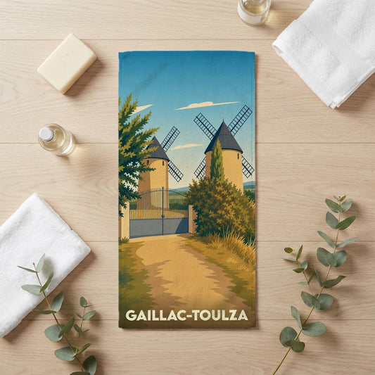 Serviette de bain souvenir de Gaillac-Toulza illustrée de deux moulins à vent.
